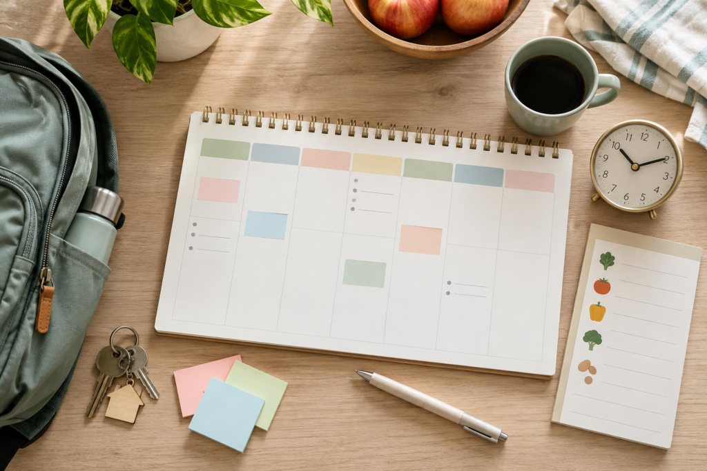 Weekly family schedule planner with pastel time blocks, backpack, clock, keys and meal list.