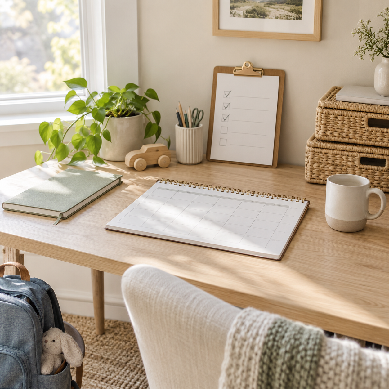 A bright, organized family planning desk with a weekly calendar, checklist, notebook, storage baskets, coffee mug, plant, toy car, and child’s backpack.