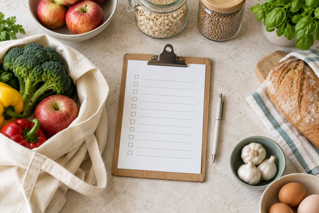 Weekly grocery list on a clipboard surrounded by fresh produce, bread and pantry staples.