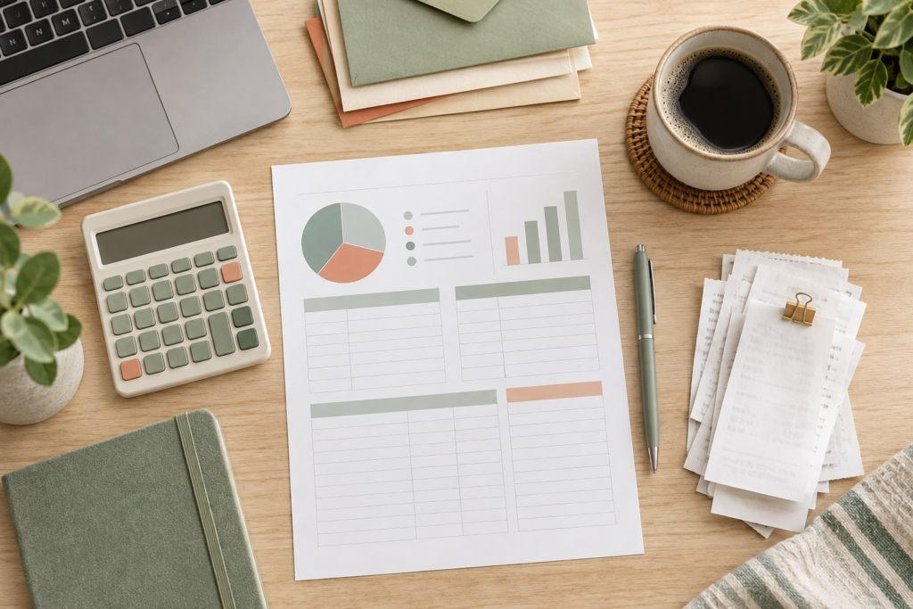 Monthly family budget worksheet with calculator, laptop, receipts and organized envelopes.