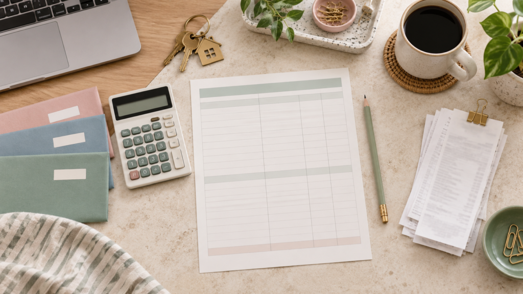 Family budget worksheet with calculator, receipts, and household expense envelopes
