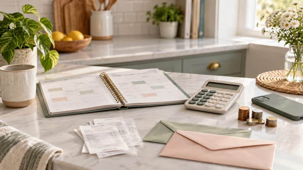 Household cash-flow planning with a monthly calendar, calculator, receipts, envelopes, and coins.