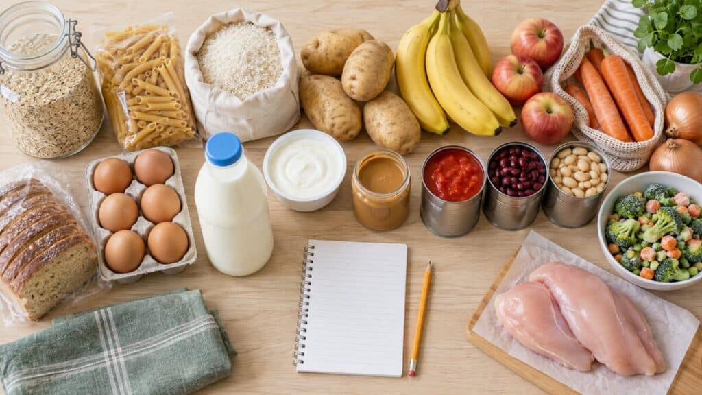 cheap grocery list for a family with affordable pantry staples and fresh produce