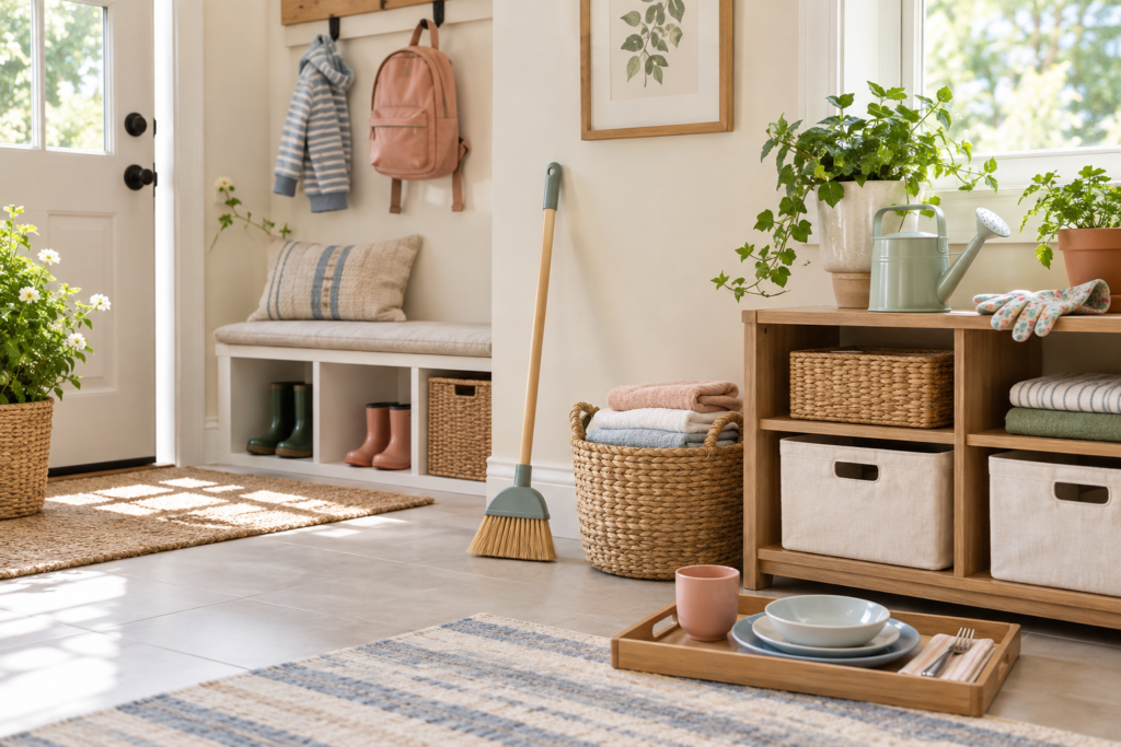 Child-sized broom, folded towels, watering can and place-setting tray arranged for chores for 5-year-olds.