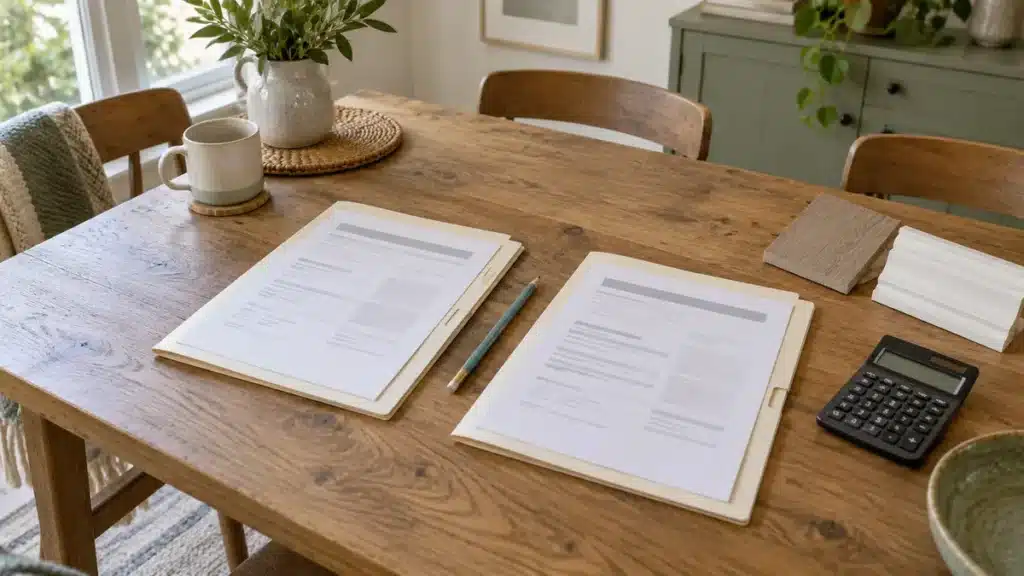 Two home repair estimate folders beside a calculator, pencil, flooring sample, and trim offcut on a dining table.