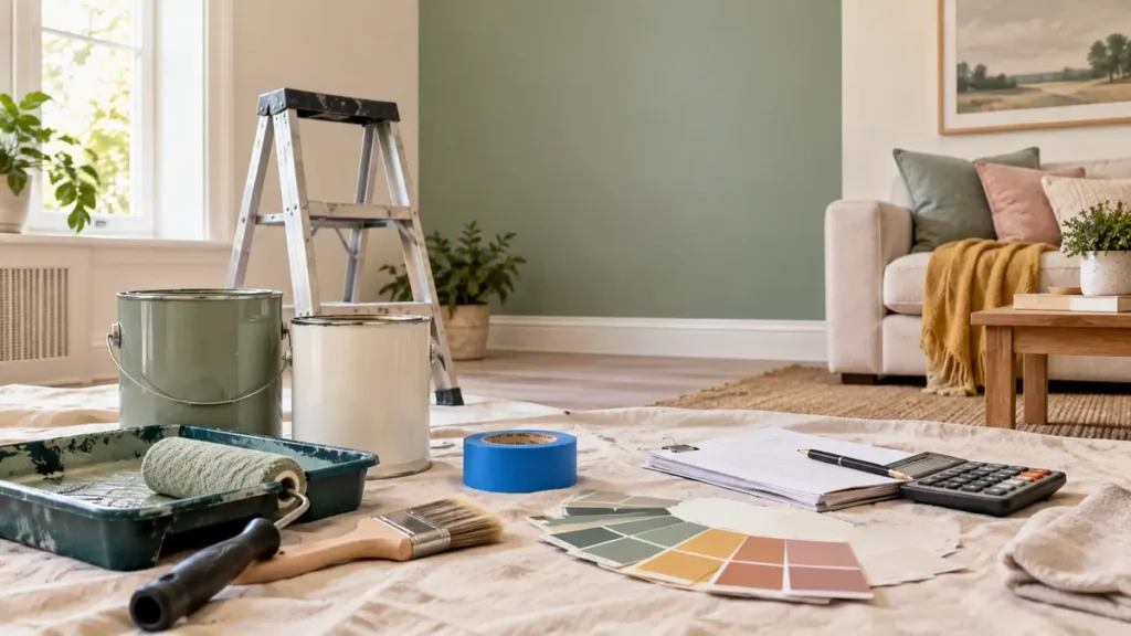 Interior painting tools, paint cans, color swatches, ladder, and project estimate in a bright living room
