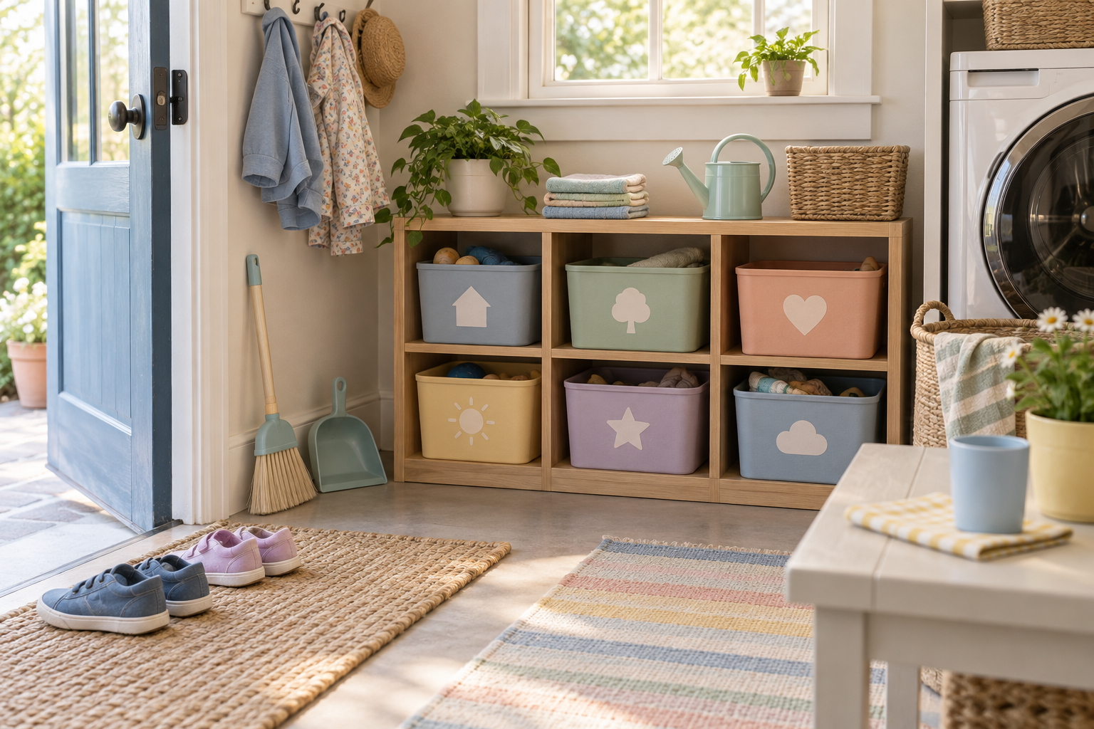Child-friendly supplies arranged for a weekly chore reset