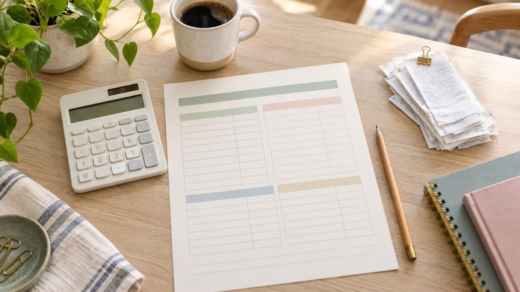 family budget worksheet with calculator and household receipts