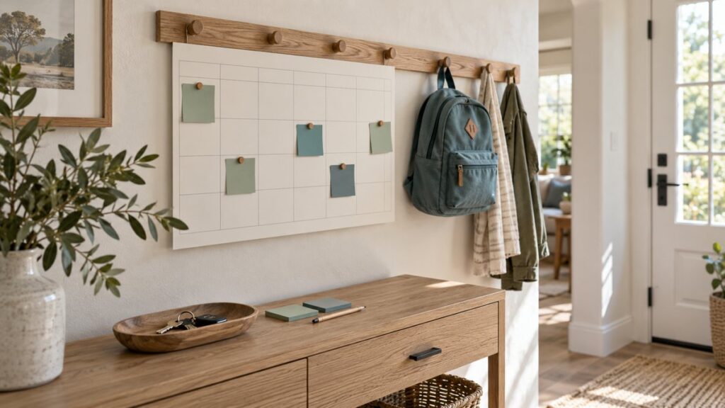 Family planning corner with a weekly calendar, muted sticky notes, a backpack, and a tray for keys.