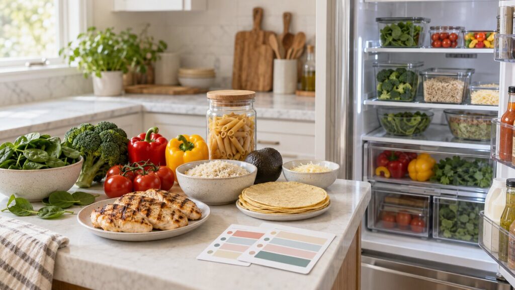 Organized refrigerator and kitchen counter with connected ingredients for five flexible family dinners.