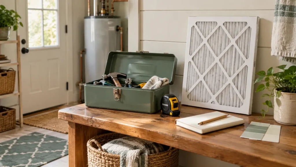 Toolbox, replacement air filter, tape measure, and notebook on a wooden bench for home maintenance planning.
