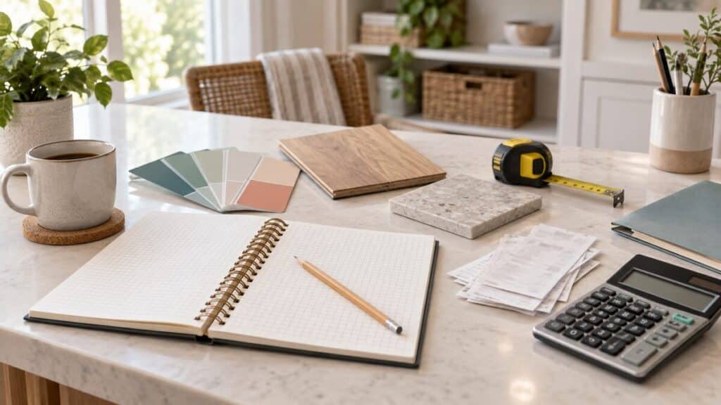 Home project budget planning with calculator, receipts, flooring sample, tile, paint swatches, and measuring tape