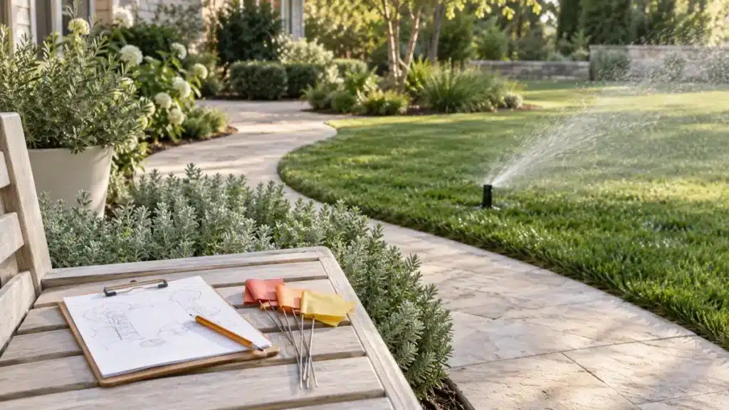 Yard sketch and colored marker flags on a garden bench beside a lawn sprinkler.