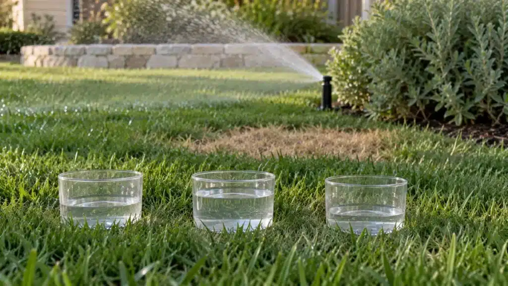 Three catch containers with different water levels on a lawn beside a brown patch and sprinkler.