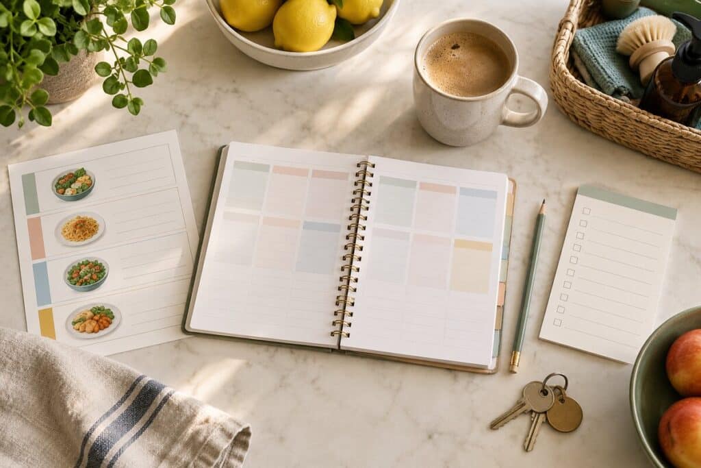 Weekly family reset setup with an open planner, meal list, grocery list, keys and household supplies.
